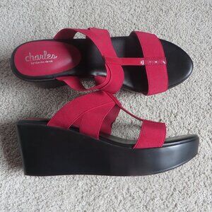 Charles By Charles David Womens Sandals Size 9 Red Patent Platform Wedge Slip-on